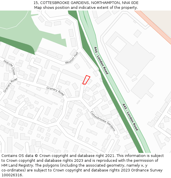 15, COTTESBROOKE GARDENS, NORTHAMPTON, NN4 0DE: Location map and indicative extent of plot