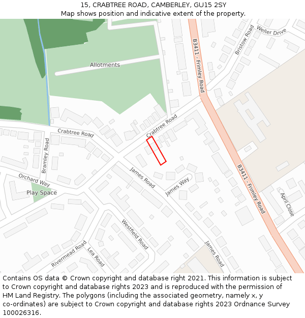 15, CRABTREE ROAD, CAMBERLEY, GU15 2SY: Location map and indicative extent of plot