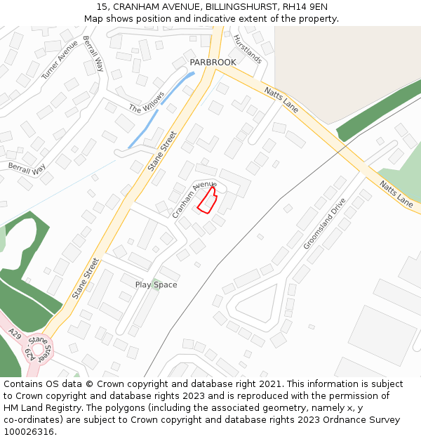 15, CRANHAM AVENUE, BILLINGSHURST, RH14 9EN: Location map and indicative extent of plot