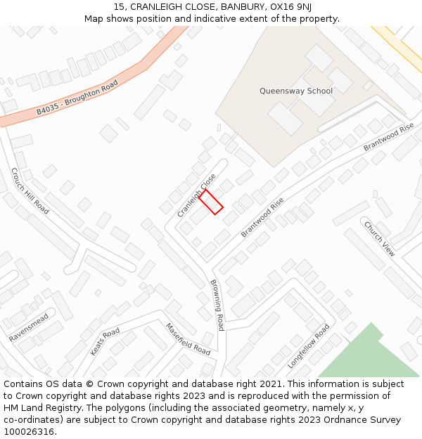 15, CRANLEIGH CLOSE, BANBURY, OX16 9NJ: Location map and indicative extent of plot