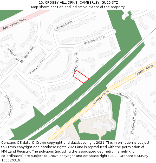 15, CROSBY HILL DRIVE, CAMBERLEY, GU15 3TZ: Location map and indicative extent of plot