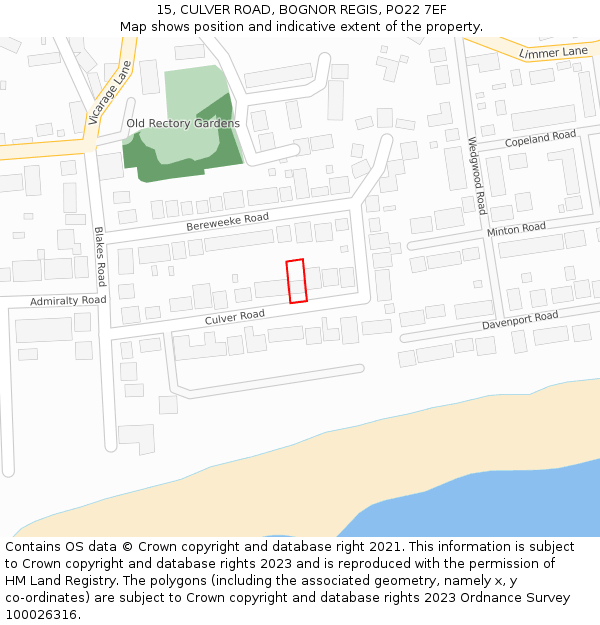 15, CULVER ROAD, BOGNOR REGIS, PO22 7EF: Location map and indicative extent of plot