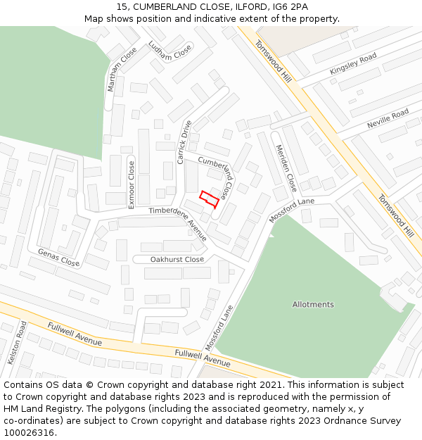 15, CUMBERLAND CLOSE, ILFORD, IG6 2PA: Location map and indicative extent of plot