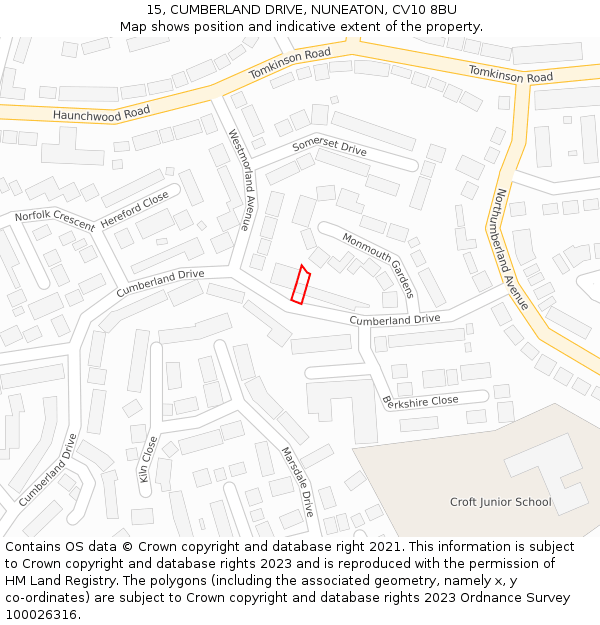 15, CUMBERLAND DRIVE, NUNEATON, CV10 8BU: Location map and indicative extent of plot