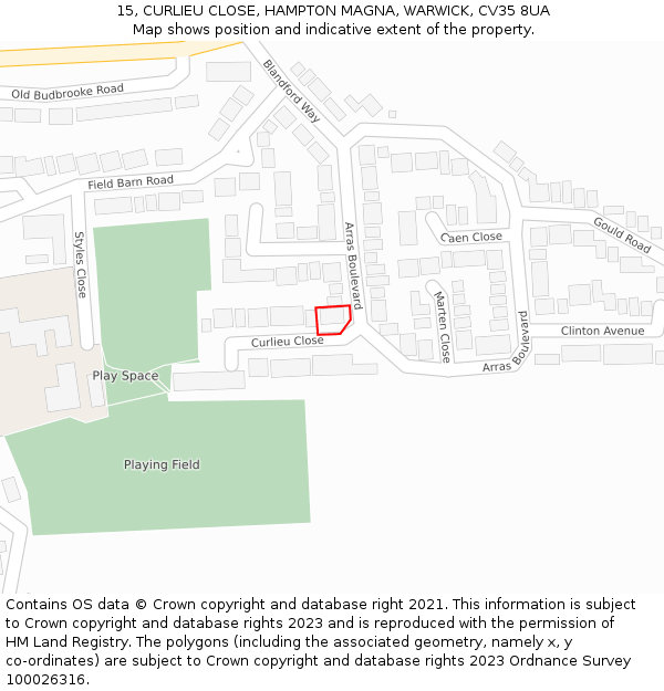15, CURLIEU CLOSE, HAMPTON MAGNA, WARWICK, CV35 8UA: Location map and indicative extent of plot