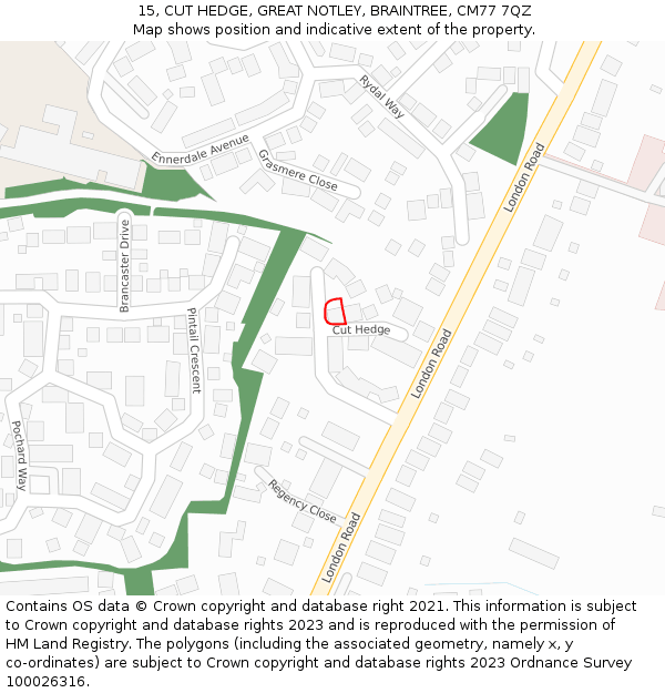 15, CUT HEDGE, GREAT NOTLEY, BRAINTREE, CM77 7QZ: Location map and indicative extent of plot