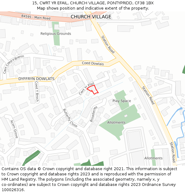 15, CWRT YR EFAIL, CHURCH VILLAGE, PONTYPRIDD, CF38 1BX: Location map and indicative extent of plot