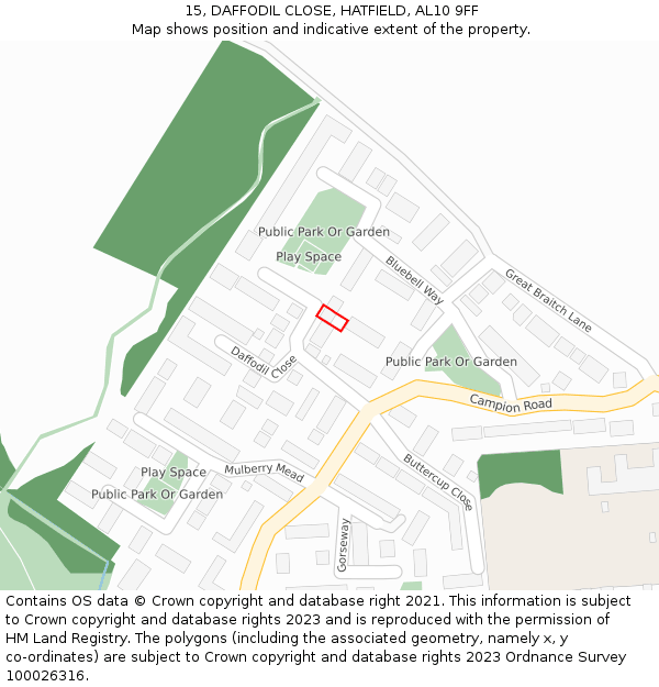 15, DAFFODIL CLOSE, HATFIELD, AL10 9FF: Location map and indicative extent of plot