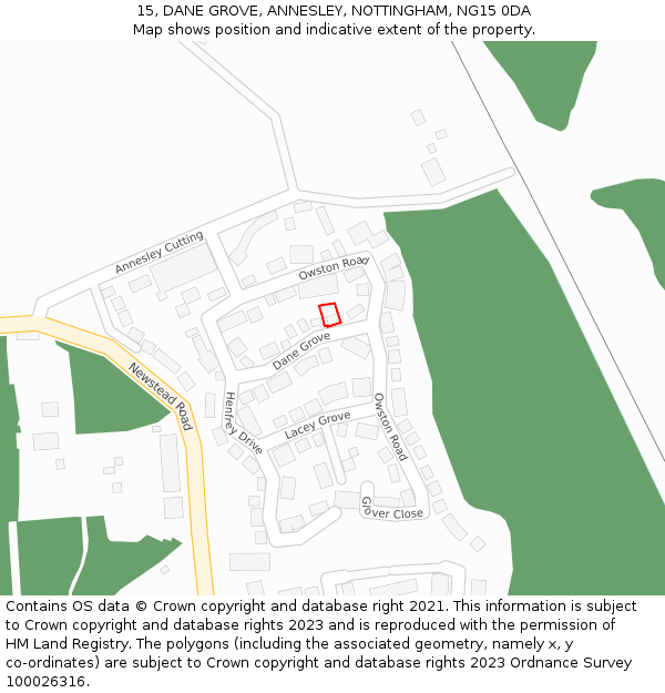 15, DANE GROVE, ANNESLEY, NOTTINGHAM, NG15 0DA: Location map and indicative extent of plot