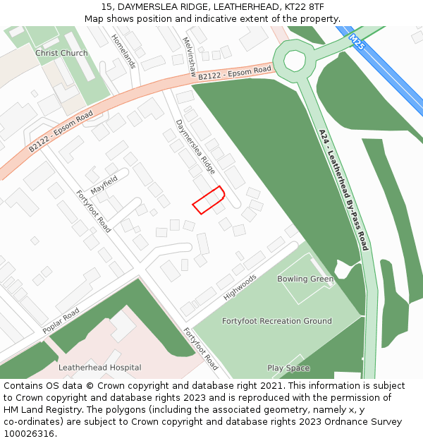 15, DAYMERSLEA RIDGE, LEATHERHEAD, KT22 8TF: Location map and indicative extent of plot