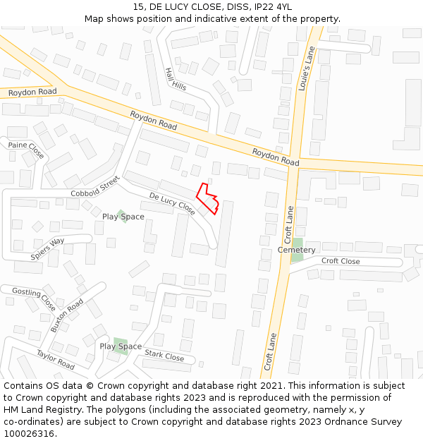 15, DE LUCY CLOSE, DISS, IP22 4YL: Location map and indicative extent of plot