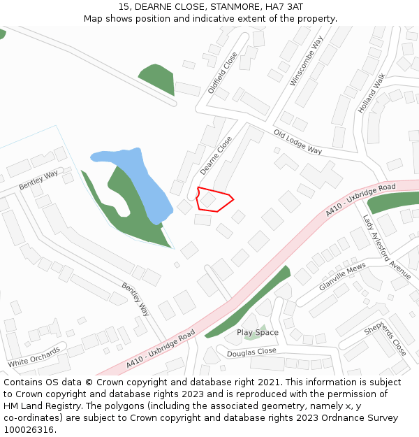 15, DEARNE CLOSE, STANMORE, HA7 3AT: Location map and indicative extent of plot