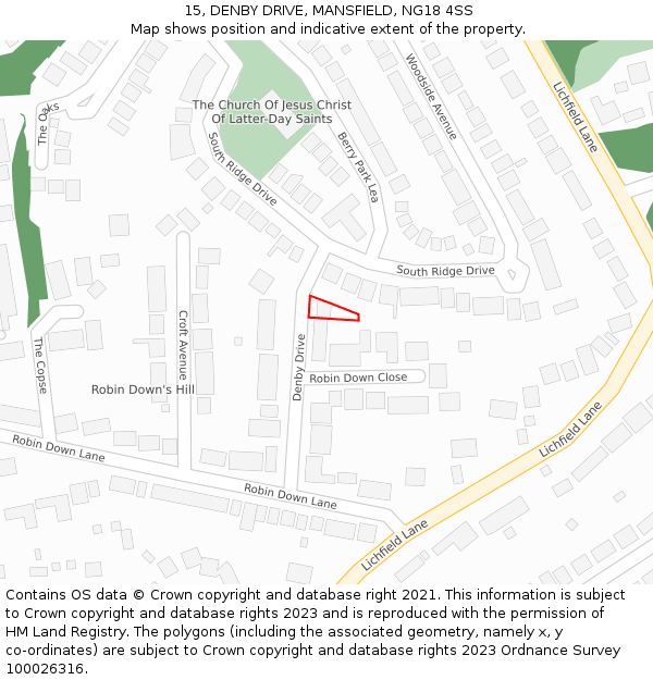 15, DENBY DRIVE, MANSFIELD, NG18 4SS: Location map and indicative extent of plot