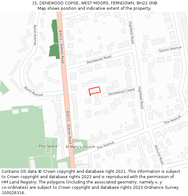 15, DENEWOOD COPSE, WEST MOORS, FERNDOWN, BH22 0NB: Location map and indicative extent of plot
