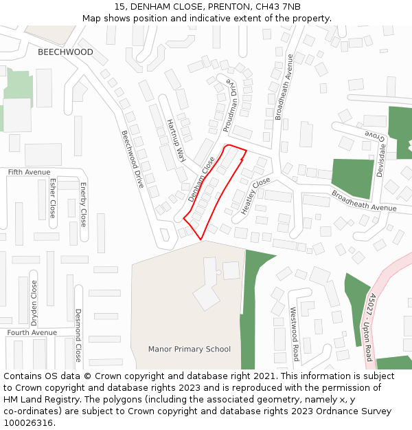 15, DENHAM CLOSE, PRENTON, CH43 7NB: Location map and indicative extent of plot
