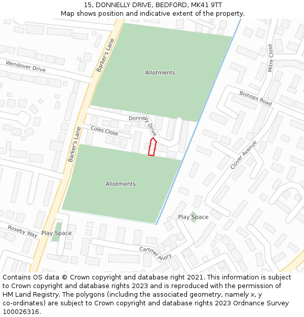 15, DONNELLY DRIVE, BEDFORD, MK41 9TT: Location map and indicative extent of plot