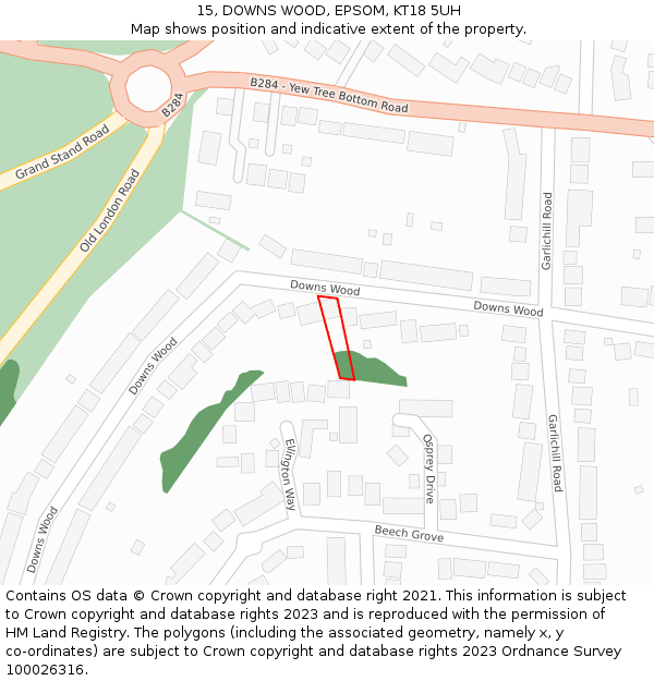 15, DOWNS WOOD, EPSOM, KT18 5UH: Location map and indicative extent of plot