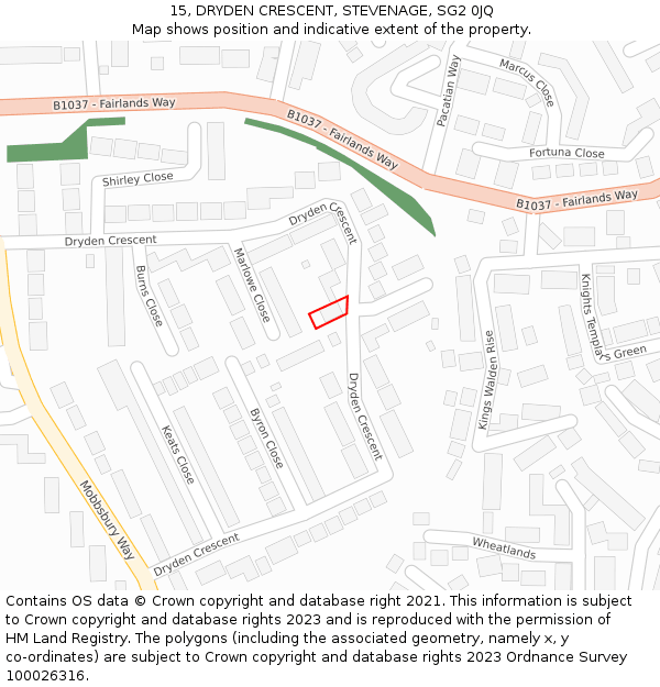 15, DRYDEN CRESCENT, STEVENAGE, SG2 0JQ: Location map and indicative extent of plot