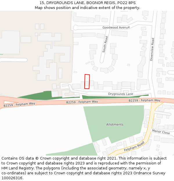 15, DRYGROUNDS LANE, BOGNOR REGIS, PO22 8PS: Location map and indicative extent of plot