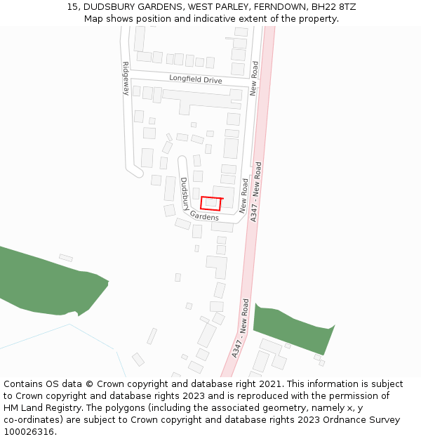 15, DUDSBURY GARDENS, WEST PARLEY, FERNDOWN, BH22 8TZ: Location map and indicative extent of plot