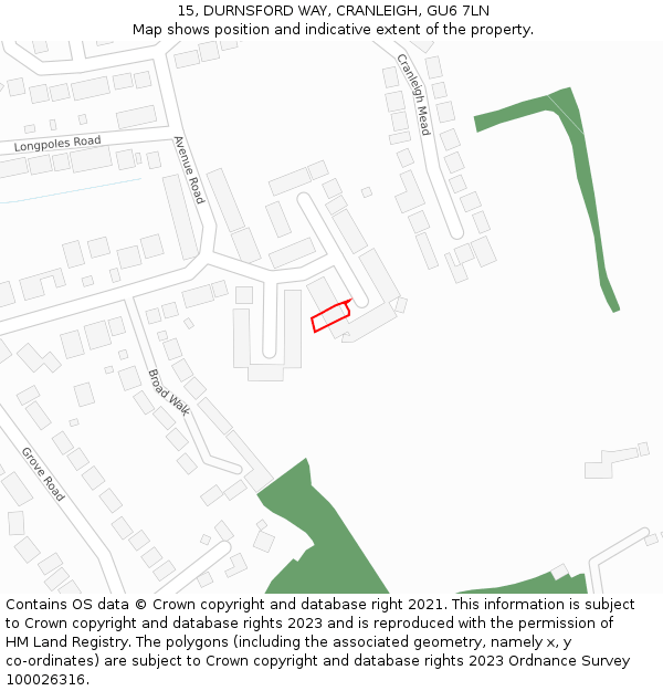 15, DURNSFORD WAY, CRANLEIGH, GU6 7LN: Location map and indicative extent of plot