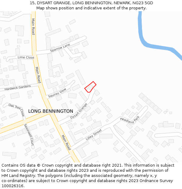 15, DYSART GRANGE, LONG BENNINGTON, NEWARK, NG23 5GD: Location map and indicative extent of plot