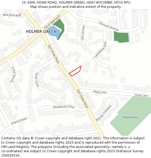 15, EARL HOWE ROAD, HOLMER GREEN, HIGH WYCOMBE, HP15 6PU: Location map and indicative extent of plot