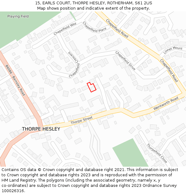 15, EARLS COURT, THORPE HESLEY, ROTHERHAM, S61 2US: Location map and indicative extent of plot