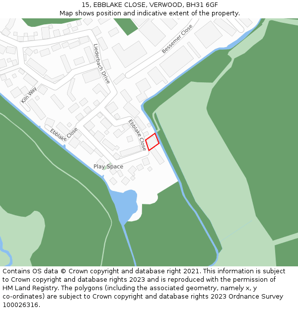 15, EBBLAKE CLOSE, VERWOOD, BH31 6GF: Location map and indicative extent of plot
