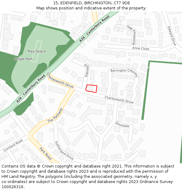 15, EDENFIELD, BIRCHINGTON, CT7 9DE: Location map and indicative extent of plot