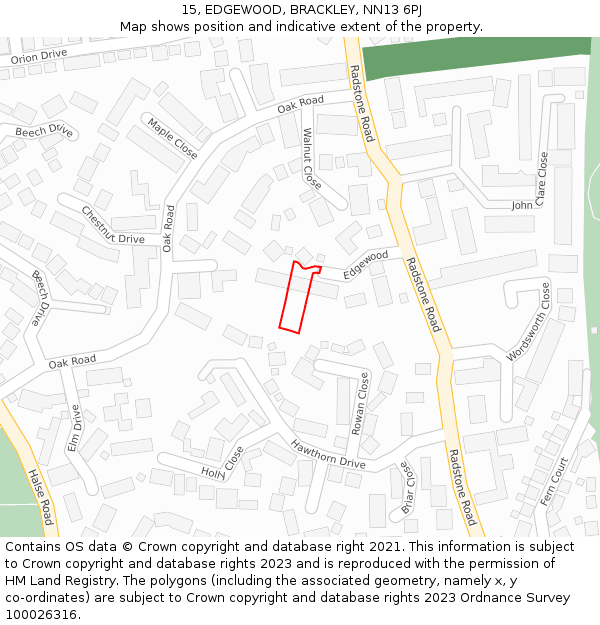 15, EDGEWOOD, BRACKLEY, NN13 6PJ: Location map and indicative extent of plot