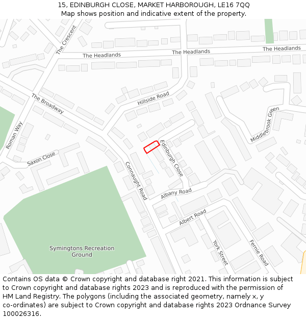 15, EDINBURGH CLOSE, MARKET HARBOROUGH, LE16 7QQ: Location map and indicative extent of plot