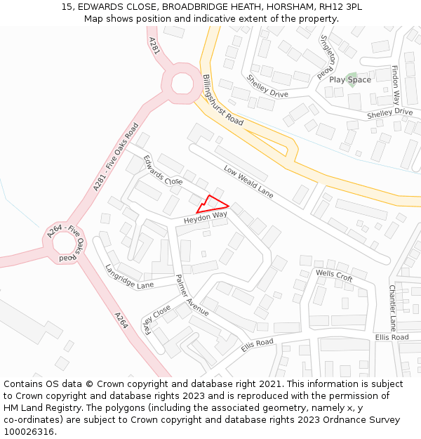 15, EDWARDS CLOSE, BROADBRIDGE HEATH, HORSHAM, RH12 3PL: Location map and indicative extent of plot