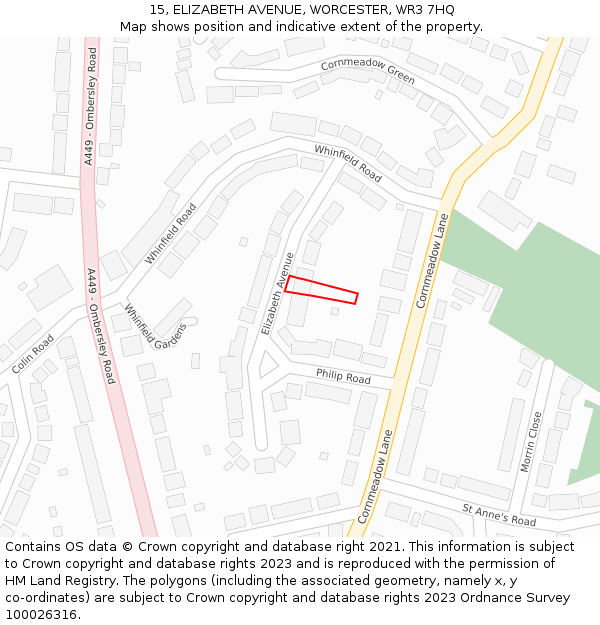 15, ELIZABETH AVENUE, WORCESTER, WR3 7HQ: Location map and indicative extent of plot