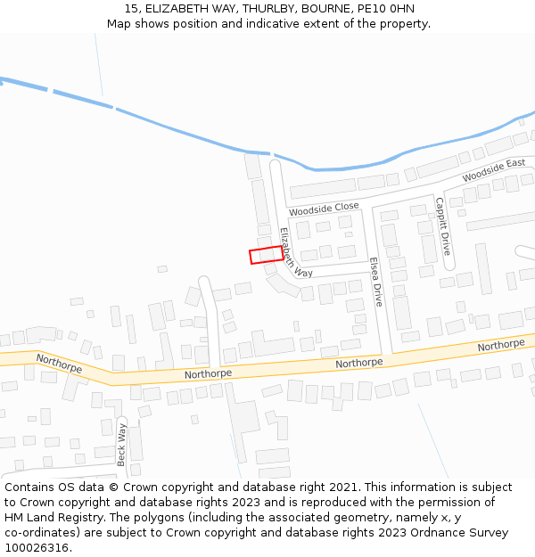 15, ELIZABETH WAY, THURLBY, BOURNE, PE10 0HN: Location map and indicative extent of plot