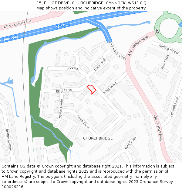 15, ELLIOT DRIVE, CHURCHBRIDGE, CANNOCK, WS11 8JQ: Location map and indicative extent of plot