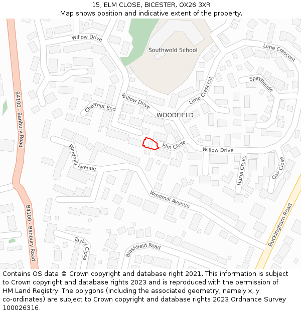 15, ELM CLOSE, BICESTER, OX26 3XR: Location map and indicative extent of plot