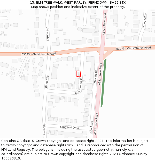 15, ELM TREE WALK, WEST PARLEY, FERNDOWN, BH22 8TX: Location map and indicative extent of plot