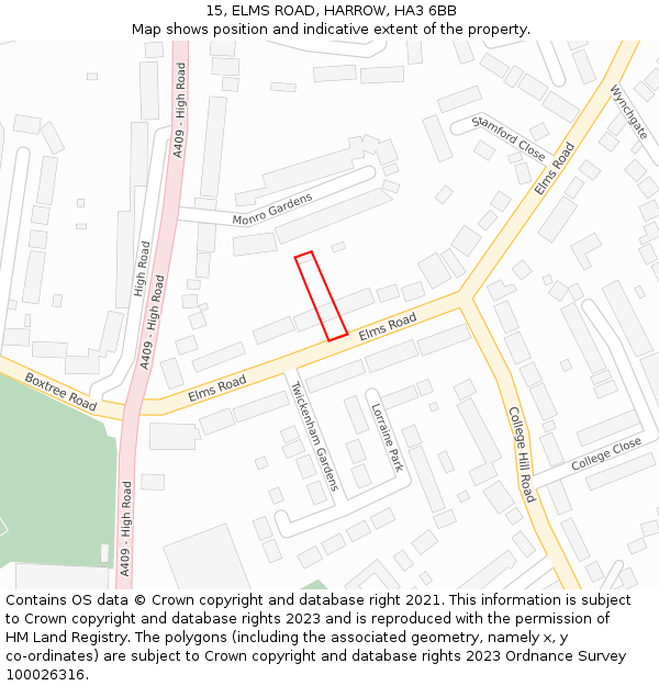 15, ELMS ROAD, HARROW, HA3 6BB: Location map and indicative extent of plot