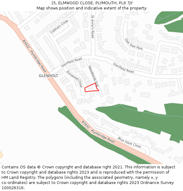 15, ELMWOOD CLOSE, PLYMOUTH, PL6 7JY: Location map and indicative extent of plot