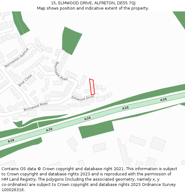 15, ELMWOOD DRIVE, ALFRETON, DE55 7QJ: Location map and indicative extent of plot