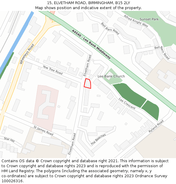 15, ELVETHAM ROAD, BIRMINGHAM, B15 2LY: Location map and indicative extent of plot