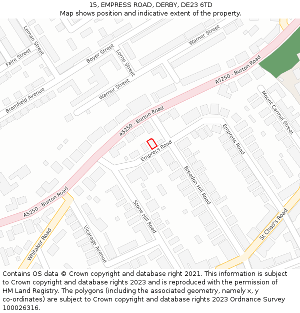 15, EMPRESS ROAD, DERBY, DE23 6TD: Location map and indicative extent of plot