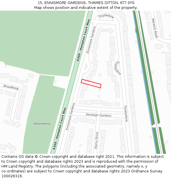 15, ENNISMORE GARDENS, THAMES DITTON, KT7 0YS: Location map and indicative extent of plot