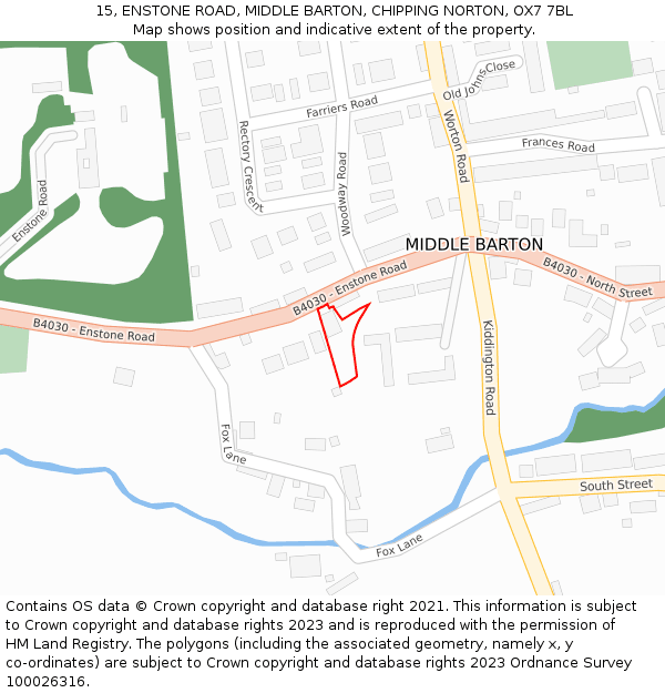 15, ENSTONE ROAD, MIDDLE BARTON, CHIPPING NORTON, OX7 7BL: Location map and indicative extent of plot