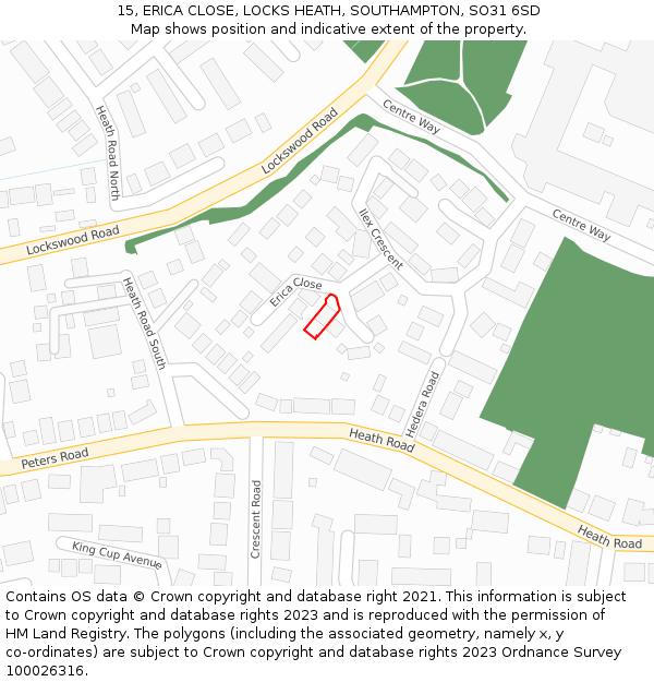 15, ERICA CLOSE, LOCKS HEATH, SOUTHAMPTON, SO31 6SD: Location map and indicative extent of plot