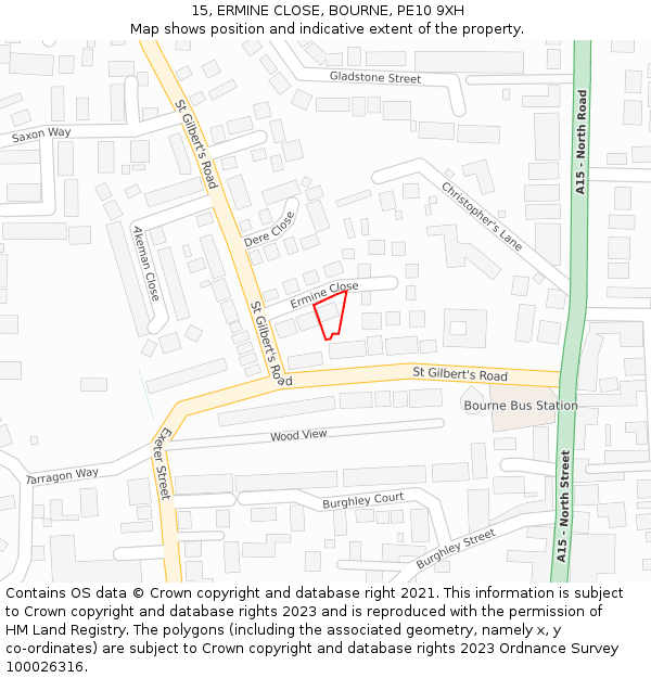 15, ERMINE CLOSE, BOURNE, PE10 9XH: Location map and indicative extent of plot