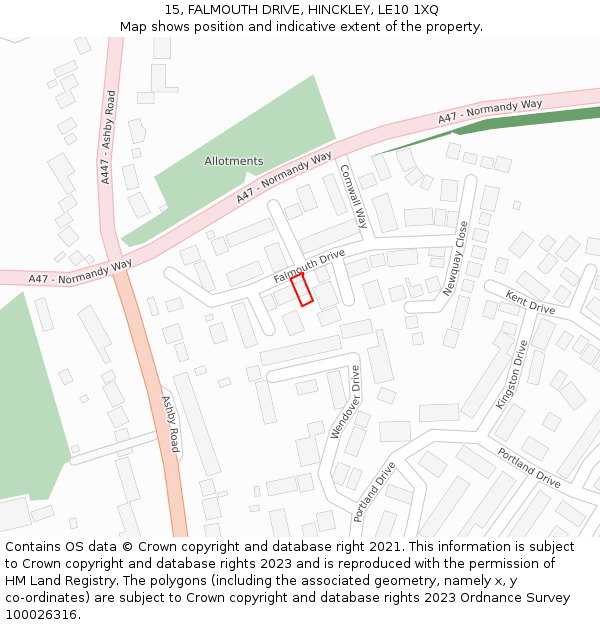 15, FALMOUTH DRIVE, HINCKLEY, LE10 1XQ: Location map and indicative extent of plot