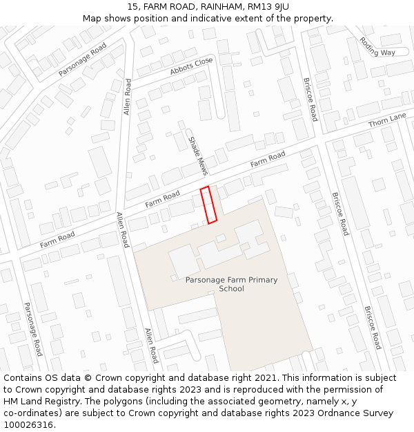 15, FARM ROAD, RAINHAM, RM13 9JU: Location map and indicative extent of plot