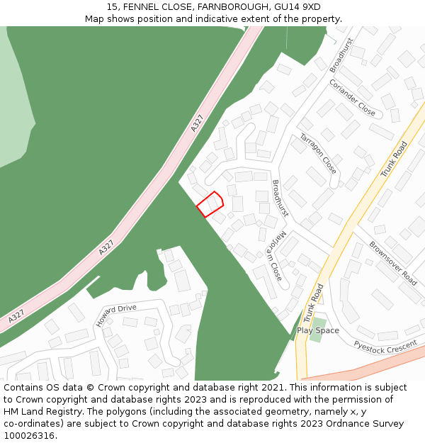 15, FENNEL CLOSE, FARNBOROUGH, GU14 9XD: Location map and indicative extent of plot